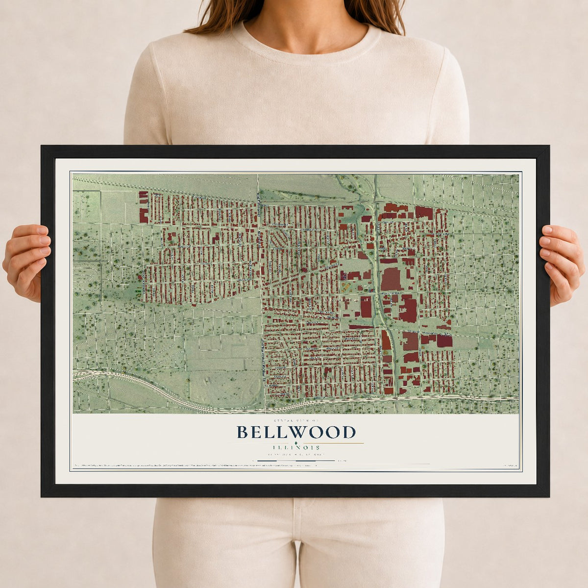 Map of Bellwood, Illinois, 12 x 18 inch print in a black wood frame