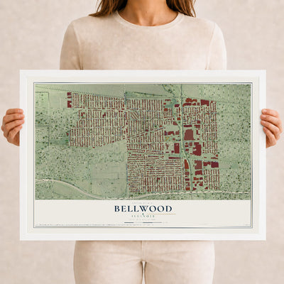 Map of Bellwood, Illinois, 12 x 18 inch print in a white wood frame