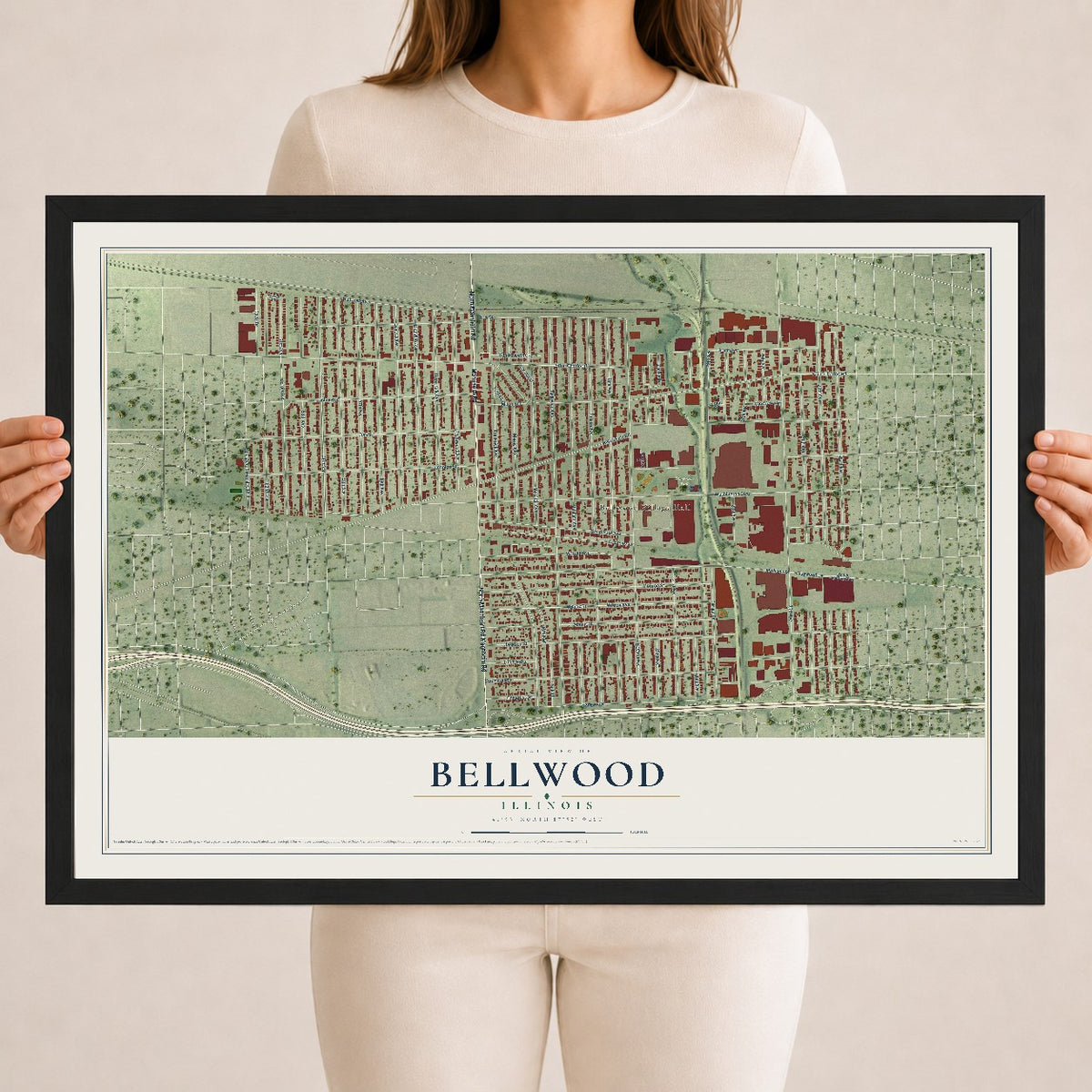 Map of Bellwood, Illinois, 18 x 24 inch print in a black wood frame