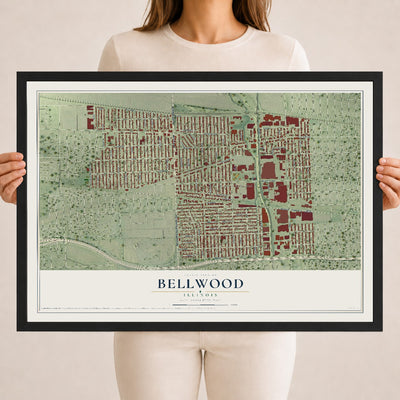 Map of Bellwood, Illinois, 18 x 24 inch print in a black wood frame