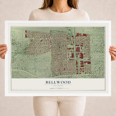 Map of Bellwood, Illinois, 18 x 24 inch print in a white wood frame