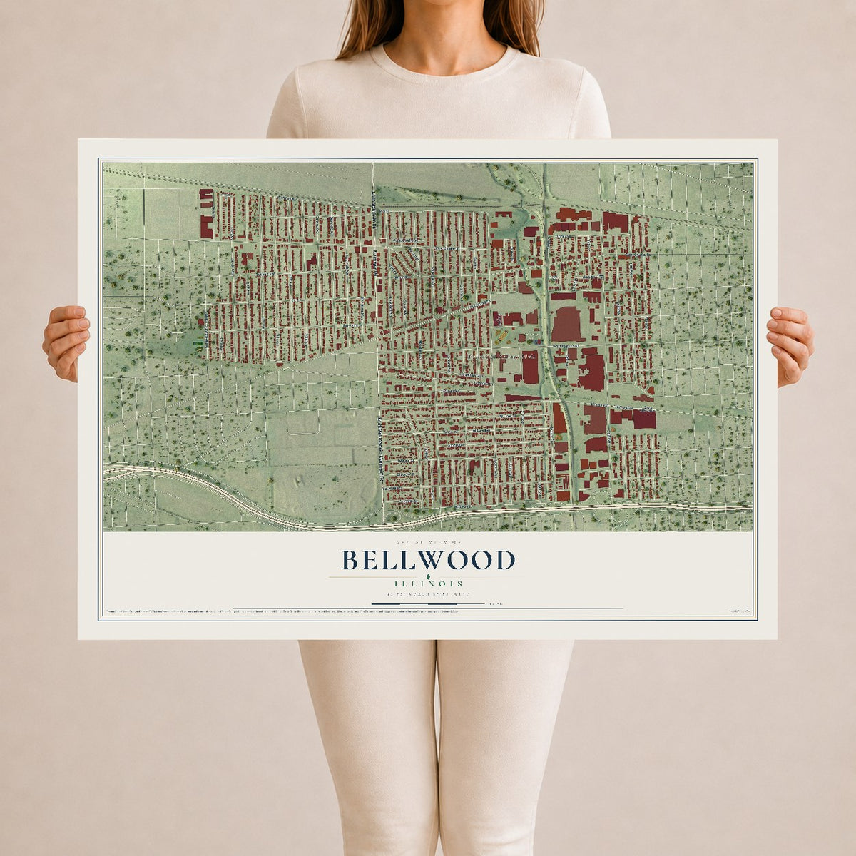 Map of Bellwood, Illinois, 24 x 36 inch unframed archival matte print