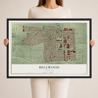 Map of Bellwood, Illinois, 24 x 36 inch print in a black wood frame