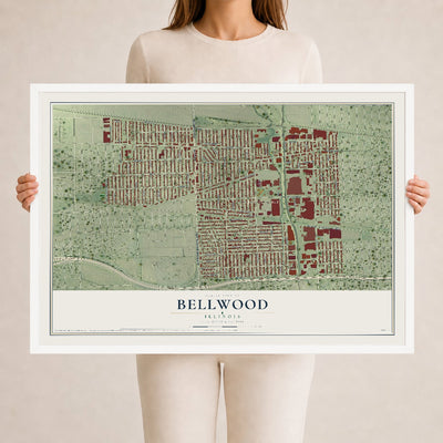 Map of Bellwood, Illinois, 24 x 36 inch print in a white wood frame
