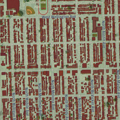 Close-up of the map of Belmont Cragin, Illinois print showing street and building detail