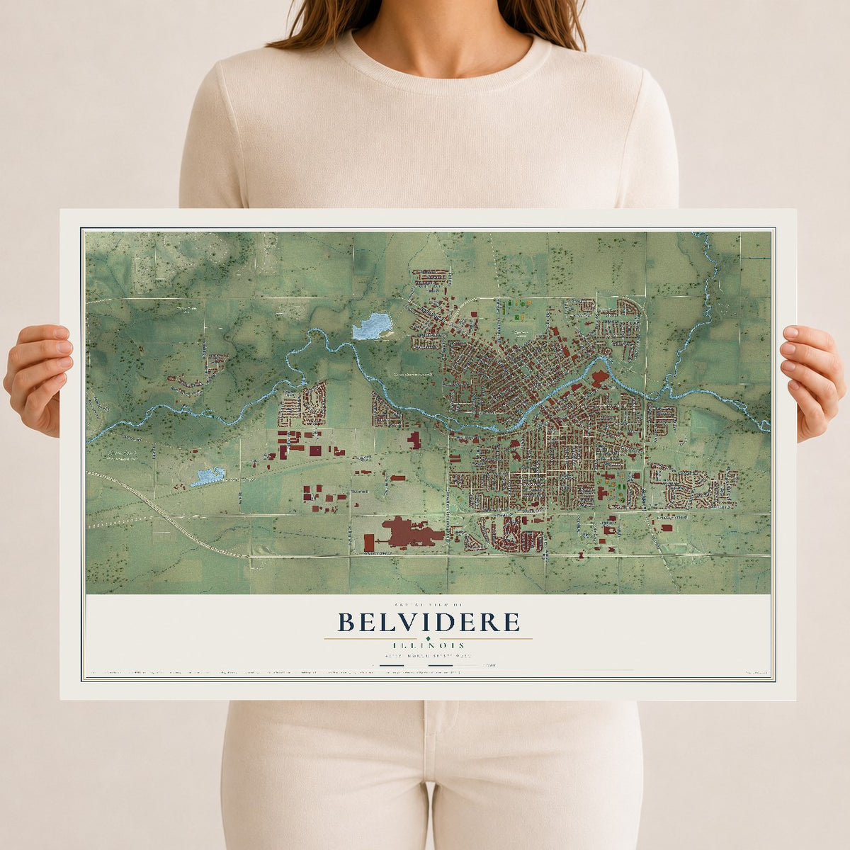 Map of Belvidere, Illinois, 12 x 18 inch unframed archival matte print