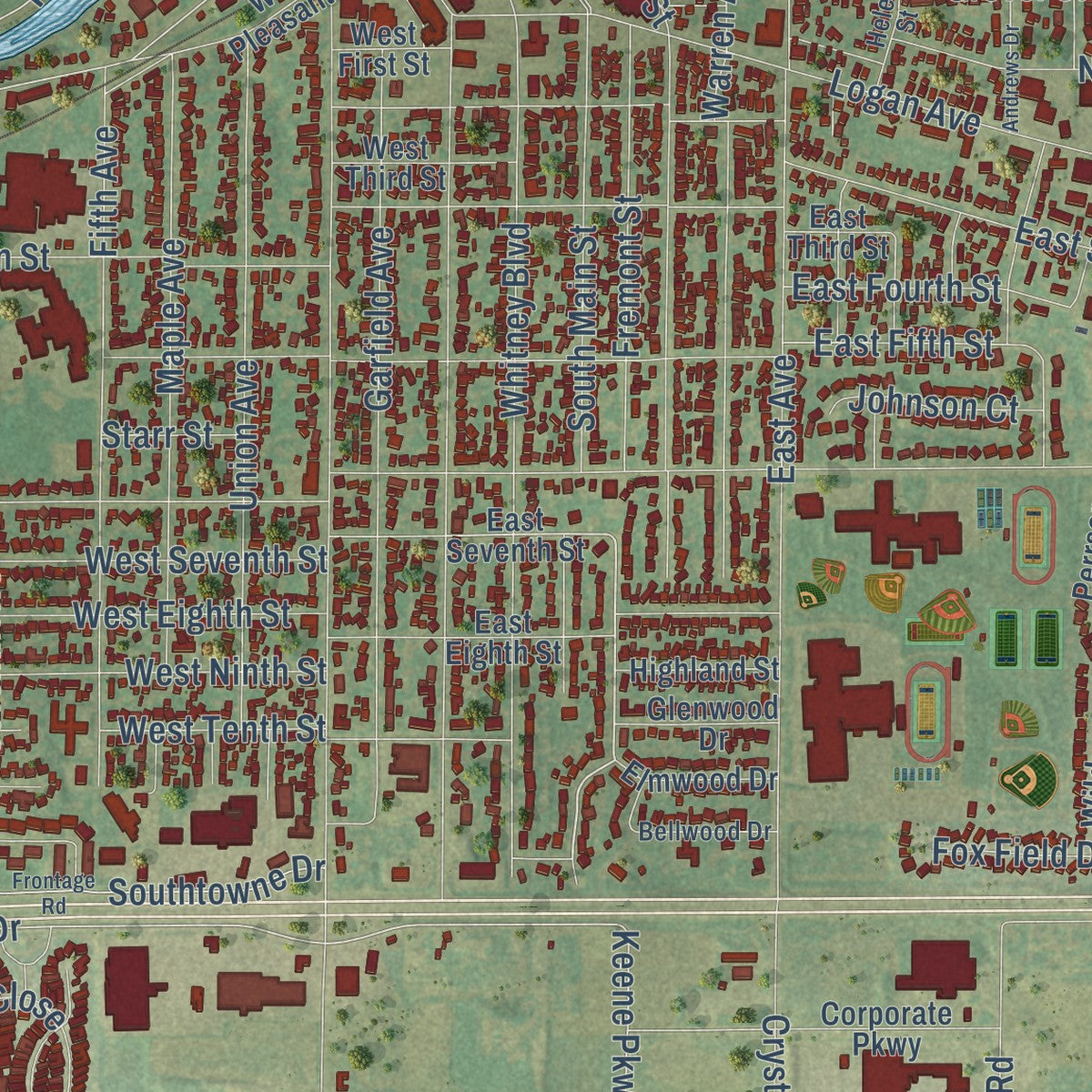 Close-up of the map of Belvidere, Illinois print showing street and building detail
