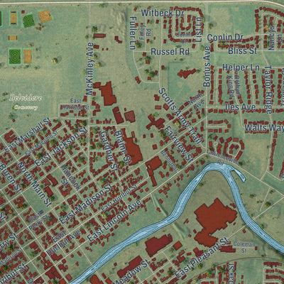 Second close-up of the map of Belvidere, Illinois print showing more streets and buildings