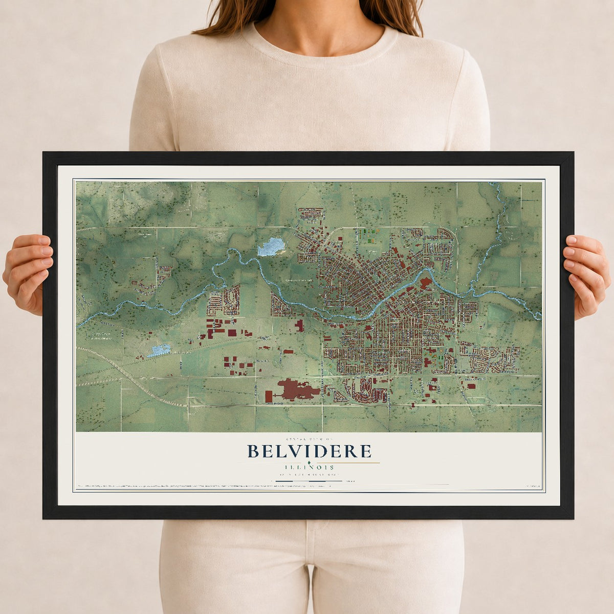 Map of Belvidere, Illinois, 12 x 18 inch print in a black wood frame
