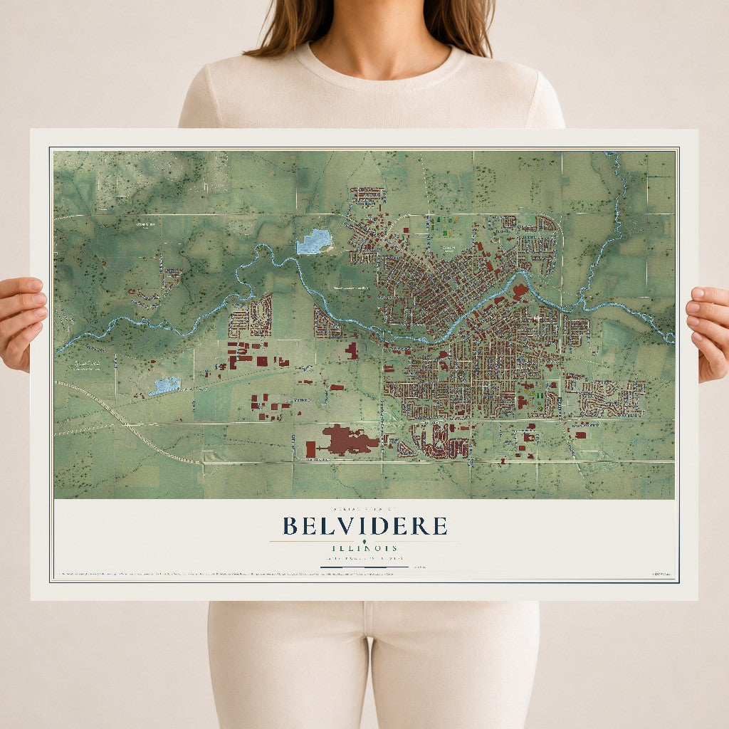 Map of Belvidere, Illinois, 18 x 24 inch unframed archival matte print