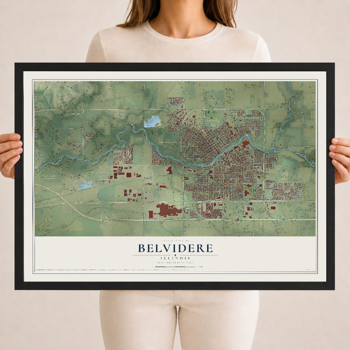 Map of Belvidere, Illinois, 18 x 24 inch print in a black wood frame