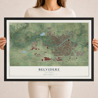 Map of Belvidere, Illinois, 18 x 24 inch print in a black wood frame