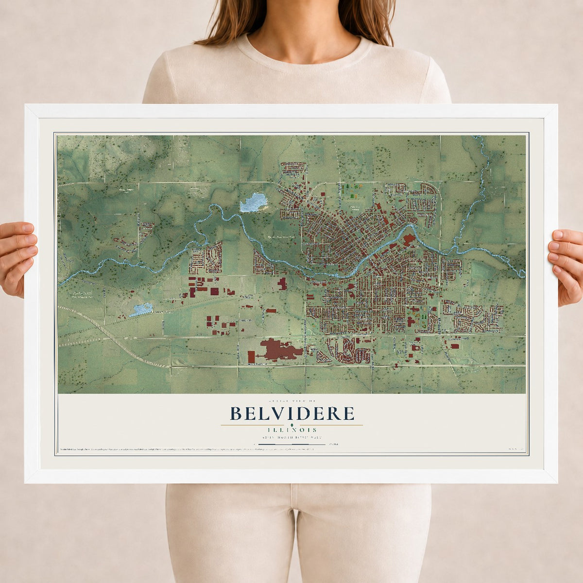 Map of Belvidere, Illinois, 18 x 24 inch print in a white wood frame