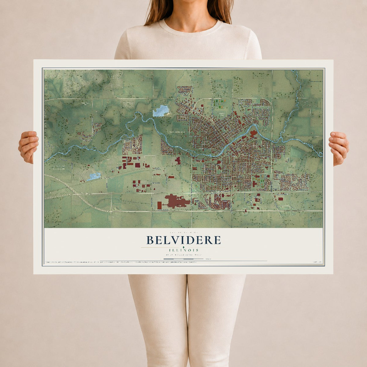 Map of Belvidere, Illinois, 24 x 36 inch unframed archival matte print