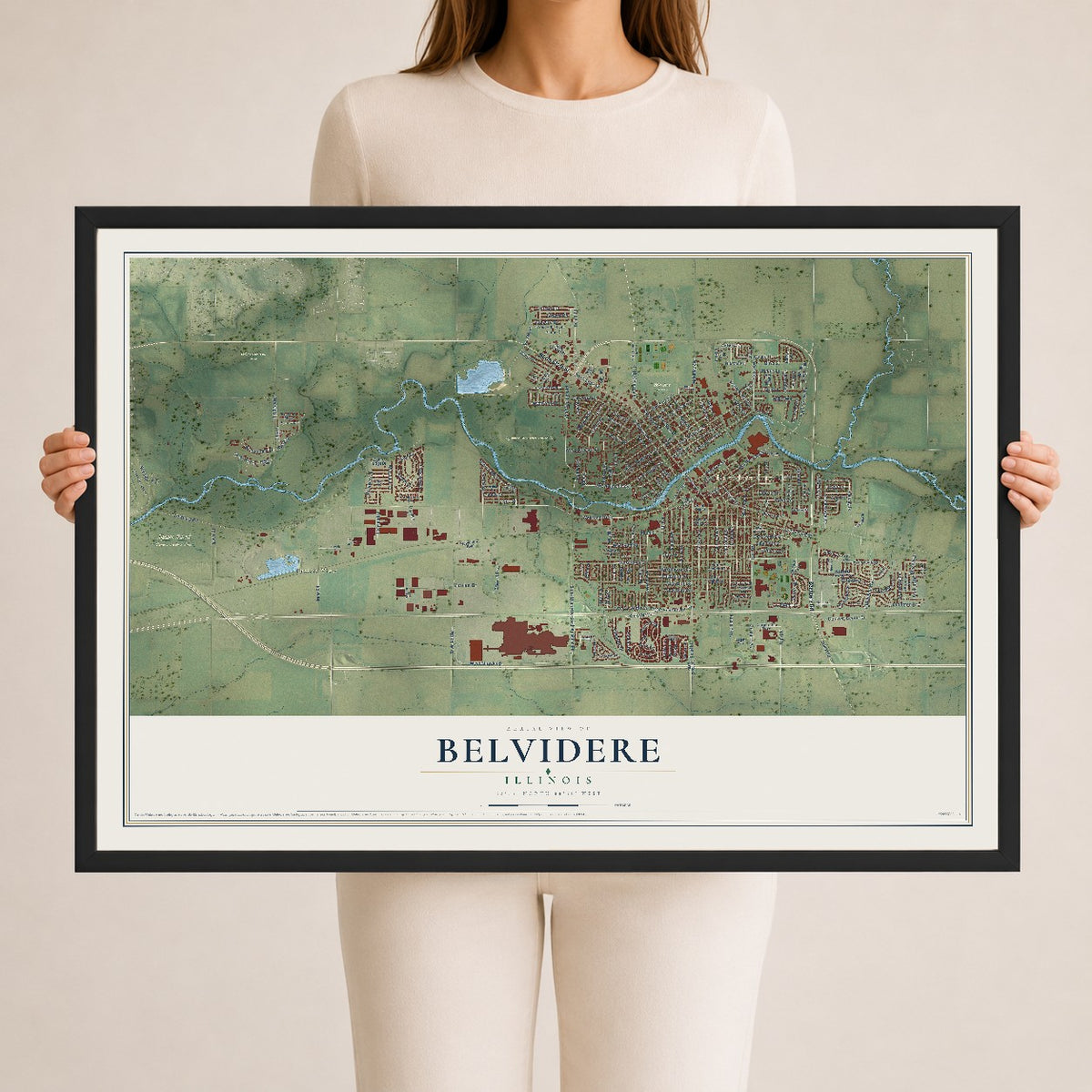 Map of Belvidere, Illinois, 24 x 36 inch print in a black wood frame