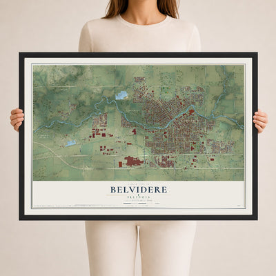Map of Belvidere, Illinois, 24 x 36 inch print in a black wood frame