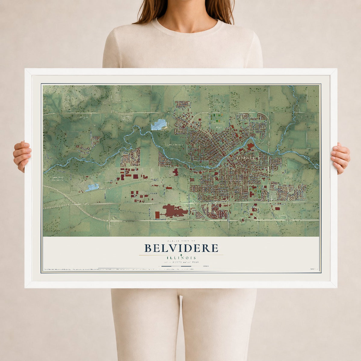 Map of Belvidere, Illinois, 24 x 36 inch print in a white wood frame