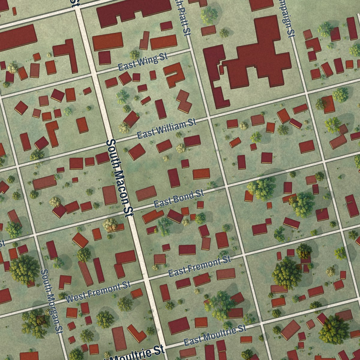 Close-up of the map of Bement, Illinois print showing street and building detail