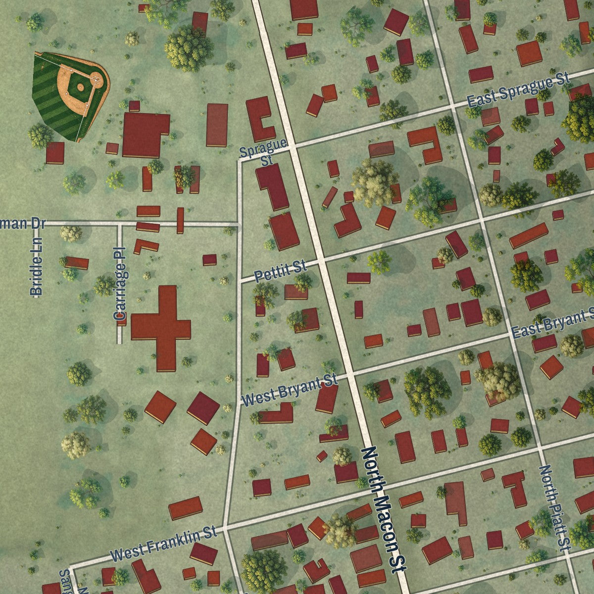 Second close-up of the map of Bement, Illinois print showing more streets and buildings