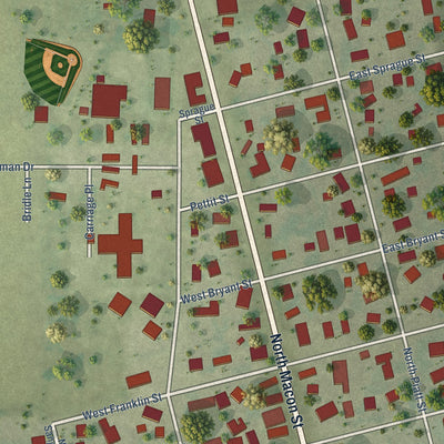 Second close-up of the map of Bement, Illinois print showing more streets and buildings