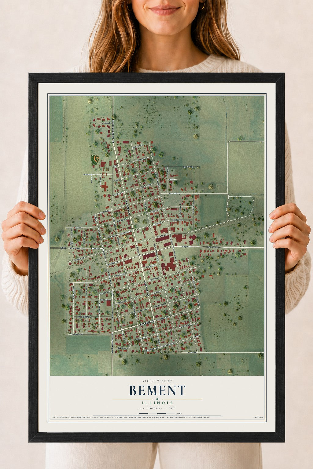 Map of Bement, Illinois, 18 x 24 inch print in a black wood frame