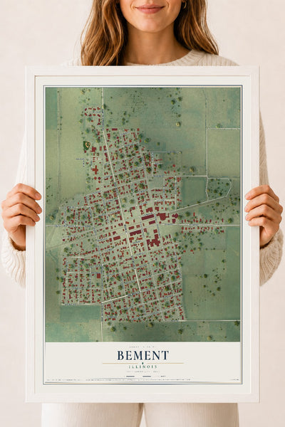 Map of Bement, Illinois, 18 x 24 inch print in a white wood frame