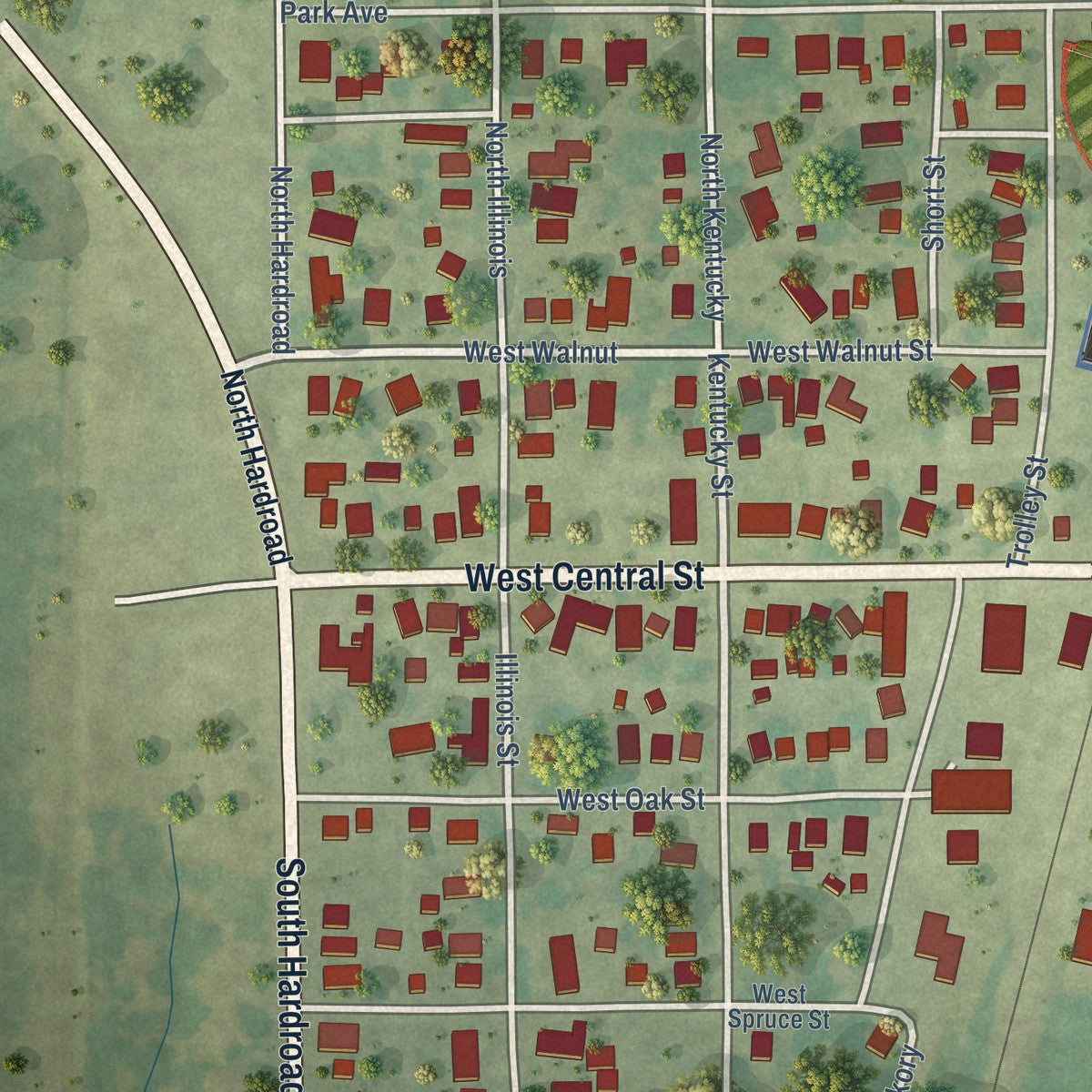 Second close-up of the map of Benld, Illinois print showing more streets and buildings