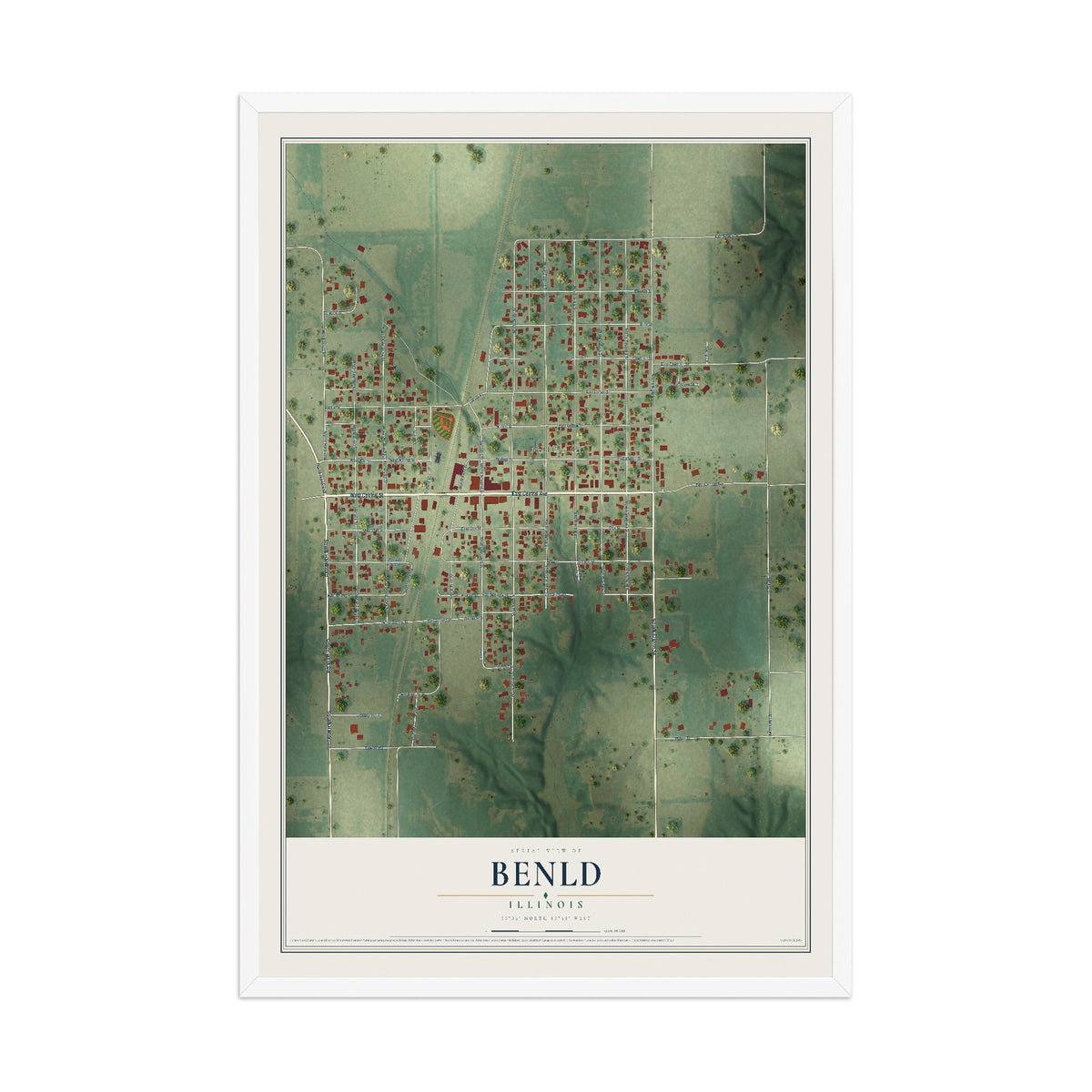 Map of Benld, Illinois, 12 x 18 inch print in a white wood frame