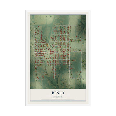 Map of Benld, Illinois, 12 x 18 inch print in a white wood frame