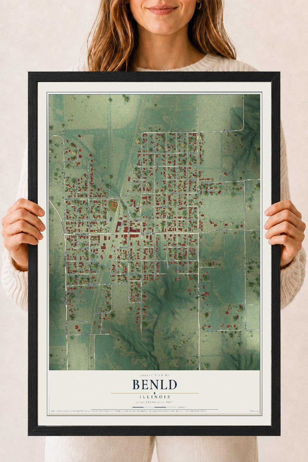 Map of Benld, Illinois, 18 x 24 inch print in a black wood frame
