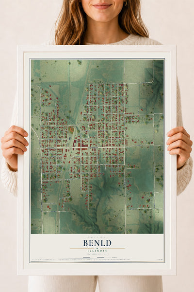 Map of Benld, Illinois, 18 x 24 inch print in a white wood frame