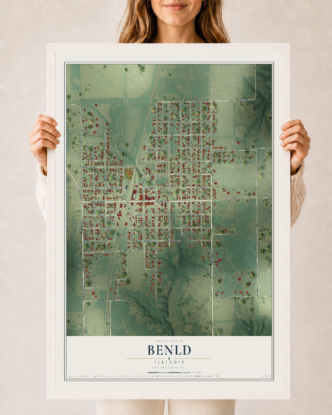 Map of Benld, Illinois, 24 x 36 inch print in a white wood frame
