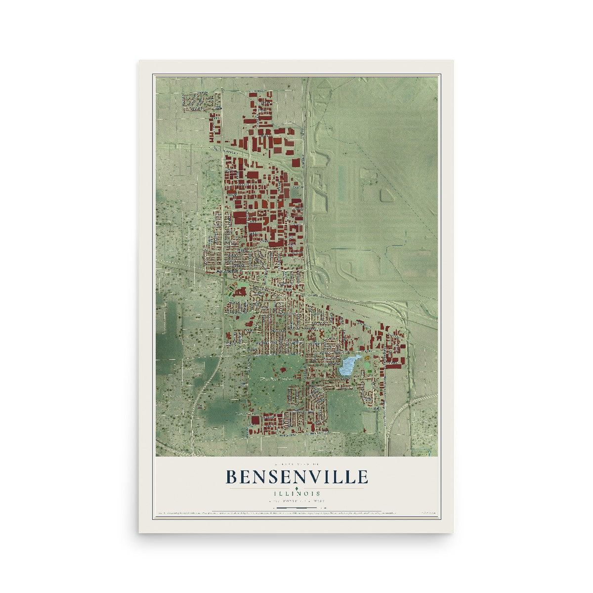 Map of Bensenville, Illinois, 12 x 18 inch unframed archival matte print