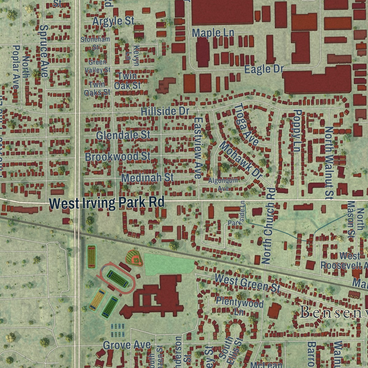 Close-up of the map of Bensenville, Illinois print showing street and building detail
