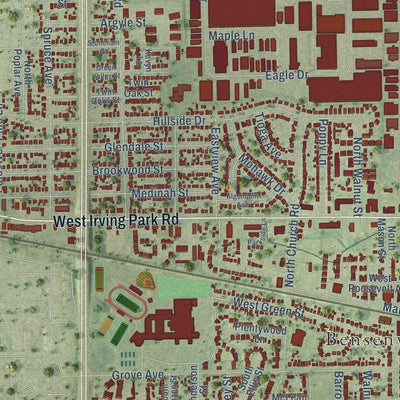 Close-up of the map of Bensenville, Illinois print showing street and building detail