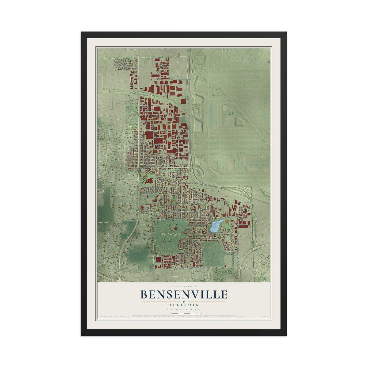 Map of Bensenville, Illinois, 12 x 18 inch print in a black wood frame