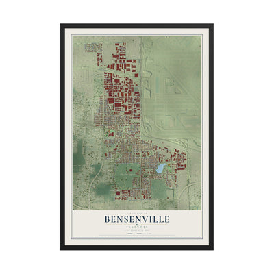 Map of Bensenville, Illinois, 12 x 18 inch print in a black wood frame