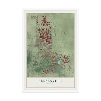 Map of Bensenville, Illinois, 12 x 18 inch print in a white wood frame