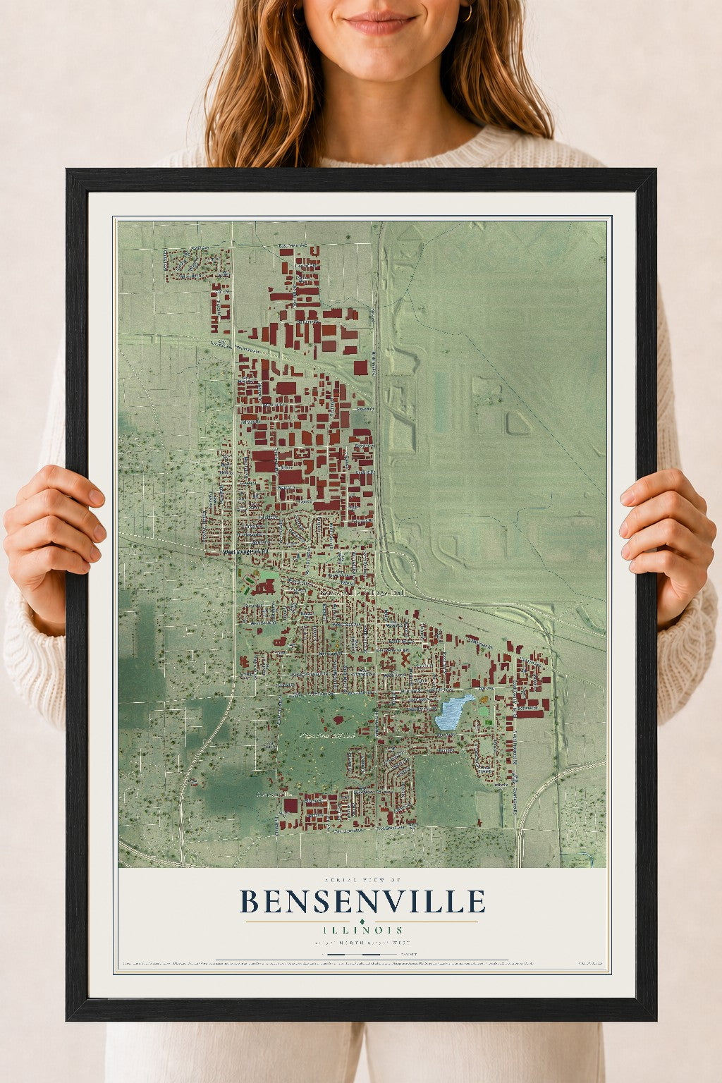 Map of Bensenville, Illinois, 18 x 24 inch print in a black wood frame