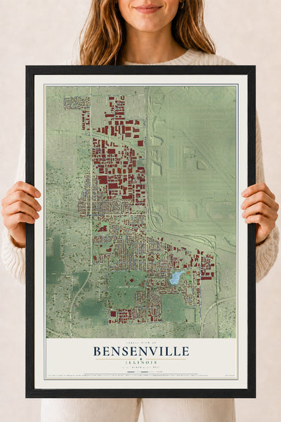 Map of Bensenville, Illinois, 18 x 24 inch print in a black wood frame