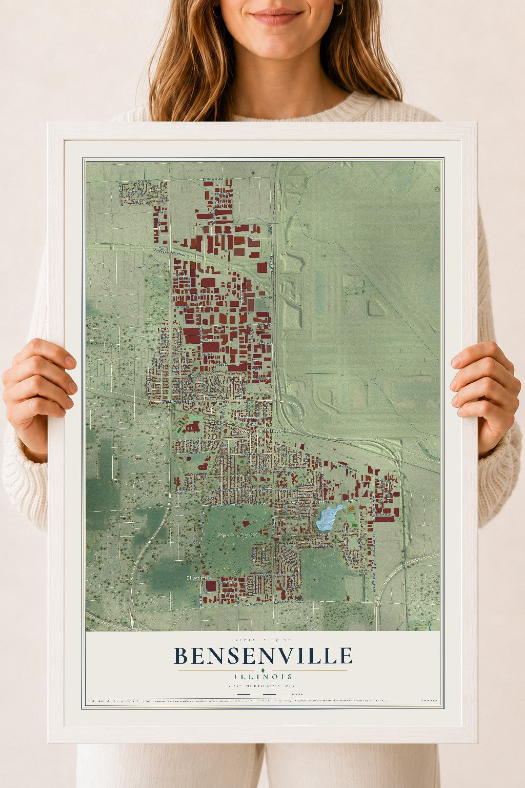 Map of Bensenville, Illinois, 18 x 24 inch print in a white wood frame