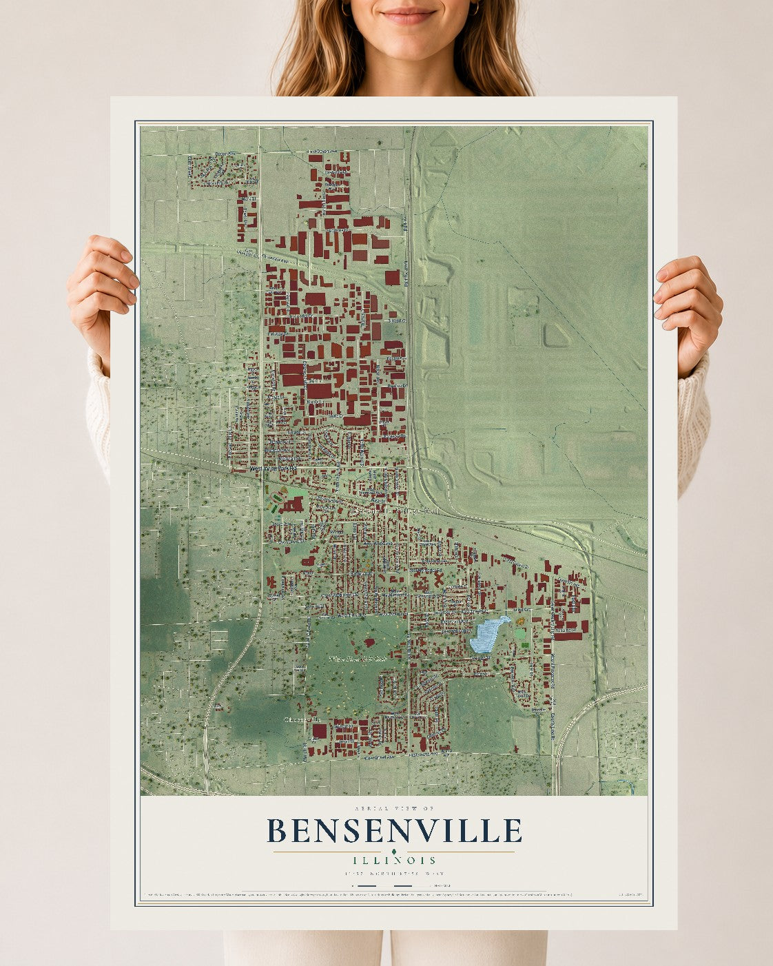 Map of Bensenville, Illinois, 24 x 36 inch unframed archival matte print