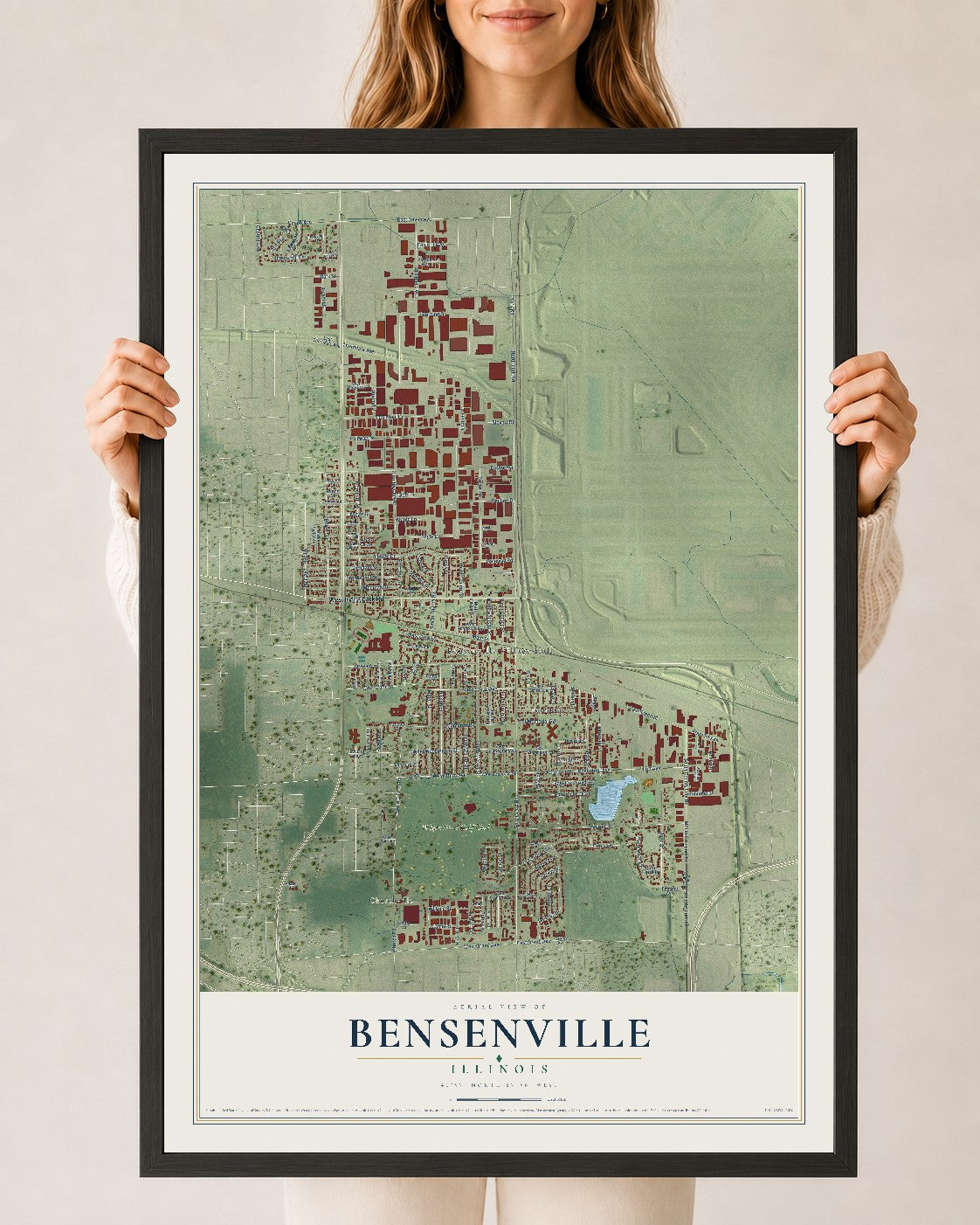 Map of Bensenville, Illinois, 24 x 36 inch print in a black wood frame