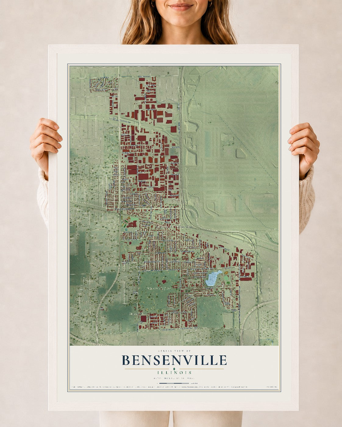 Map of Bensenville, Illinois, 24 x 36 inch print in a white wood frame