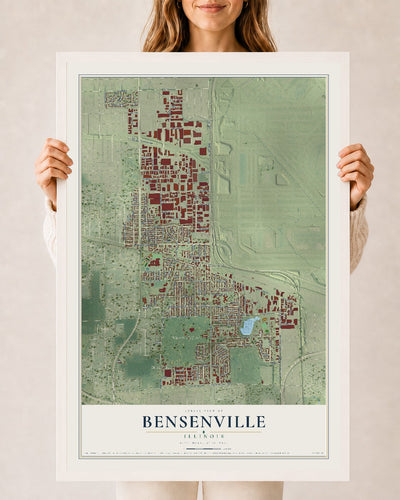 Map of Bensenville, Illinois, 24 x 36 inch print in a white wood frame