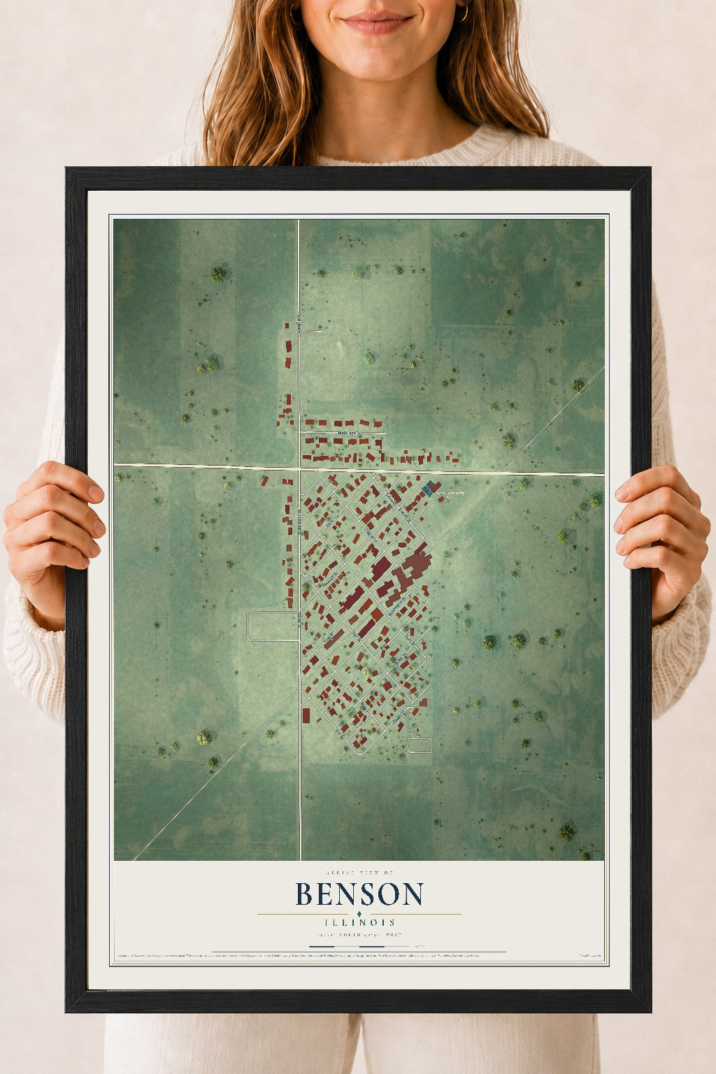 Map of Benson, Illinois, 18 x 24 inch print in a black wood frame