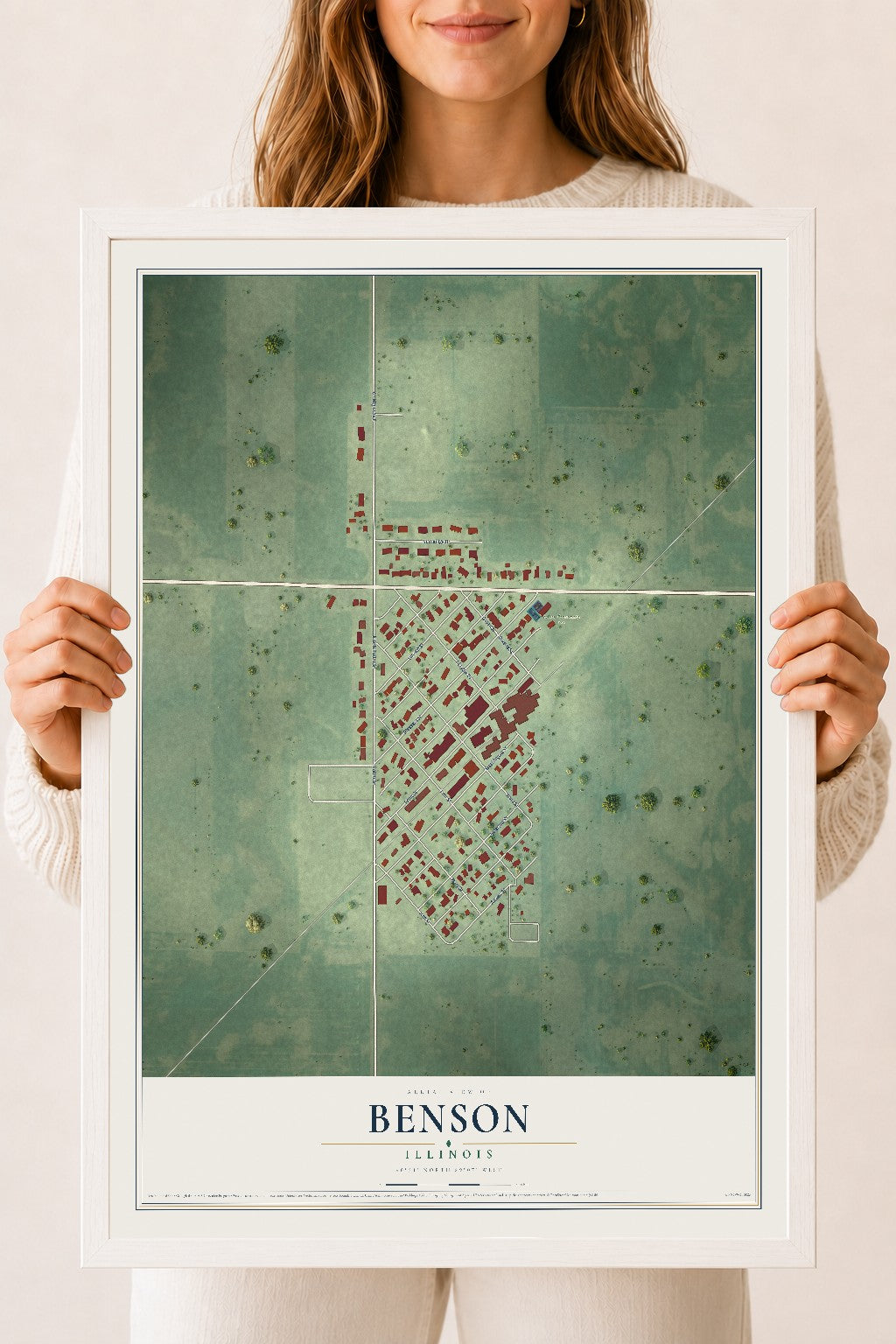 Map of Benson, Illinois, 18 x 24 inch print in a white wood frame