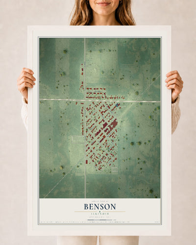 Map of Benson, Illinois, 24 x 36 inch print in a white wood frame