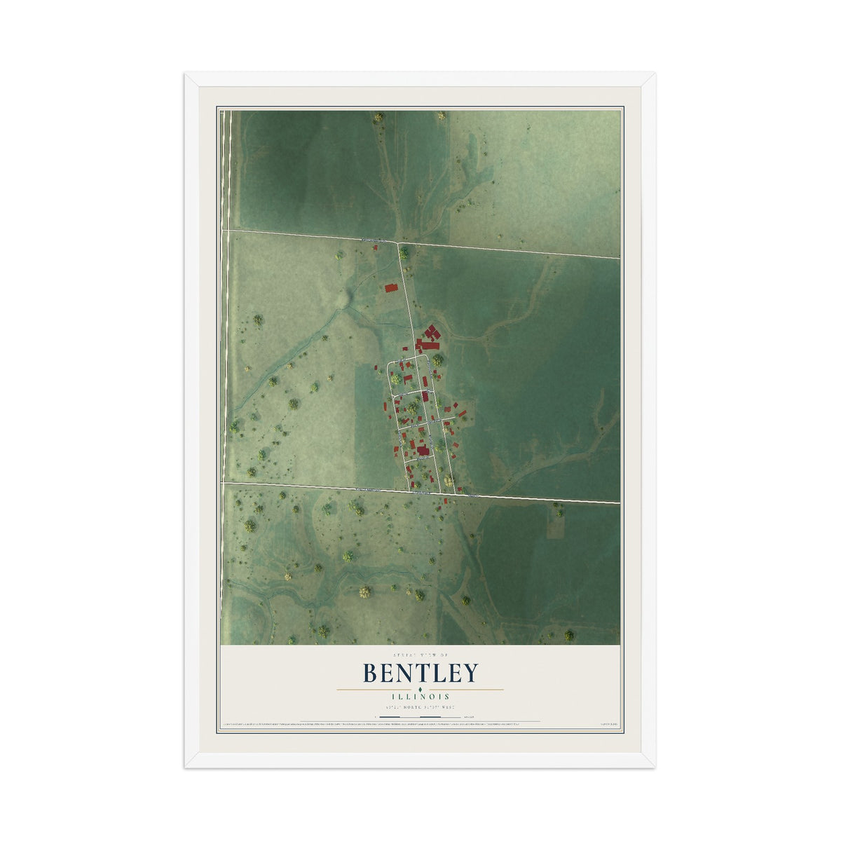 Map of Bentley, Illinois, 12 x 18 inch print in a white wood frame