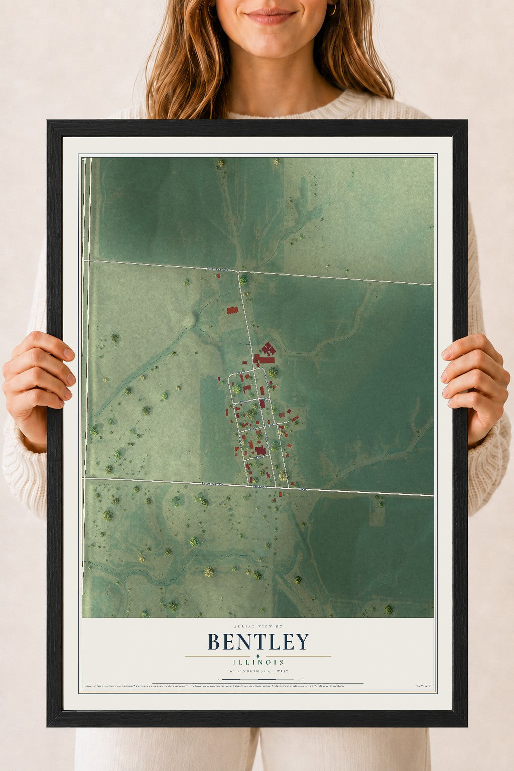 Map of Bentley, Illinois, 18 x 24 inch print in a black wood frame